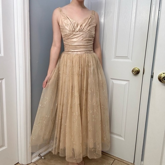 Vintage Gunne Sax Dress Long Formal Prom Tulle Gold Glitter Princess Extra Small - Picture 1 of 8